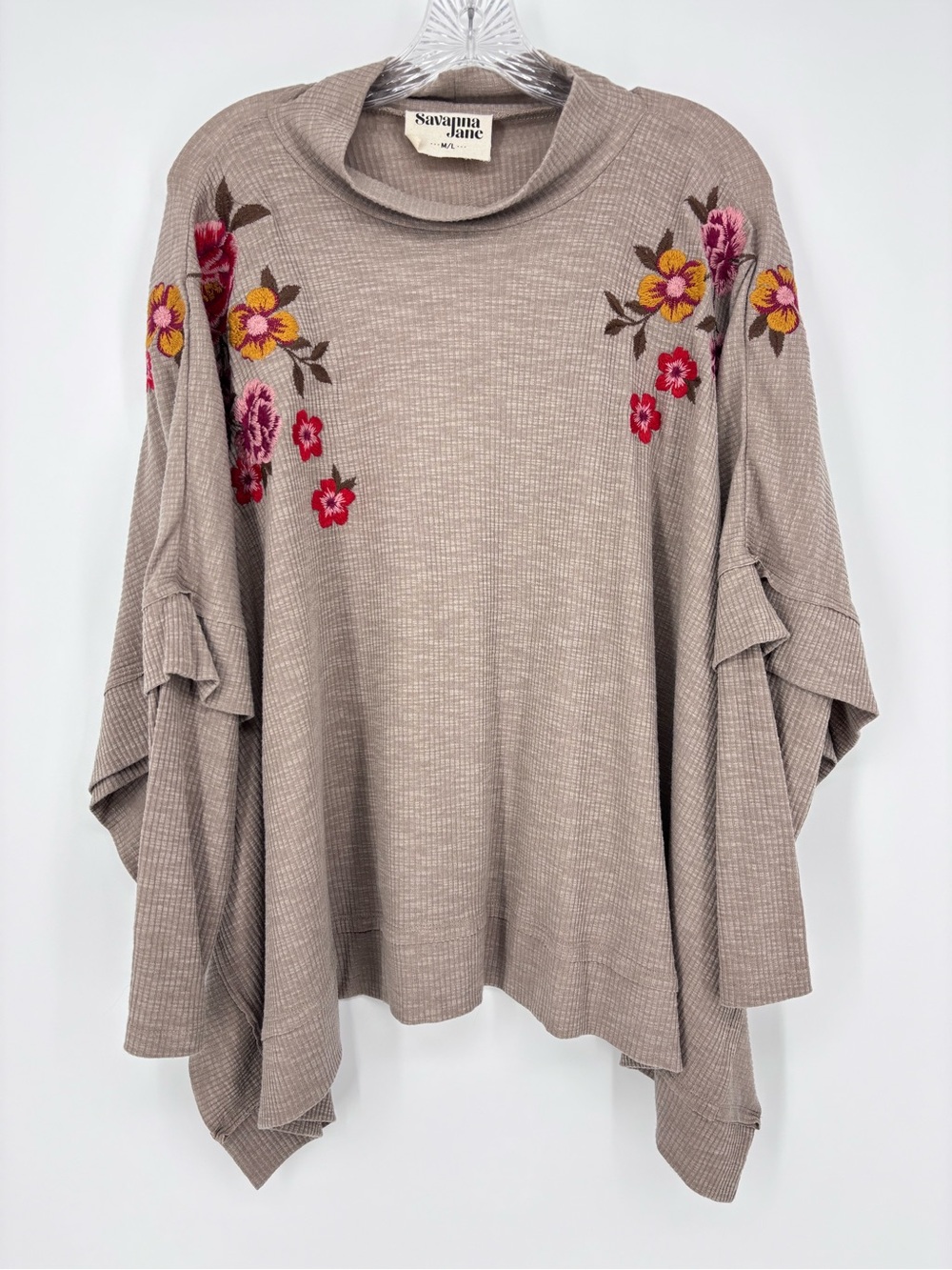 Savanna Jane Boho Floral Embroidered Long Sleeve Waffle Knit Top Size M/L